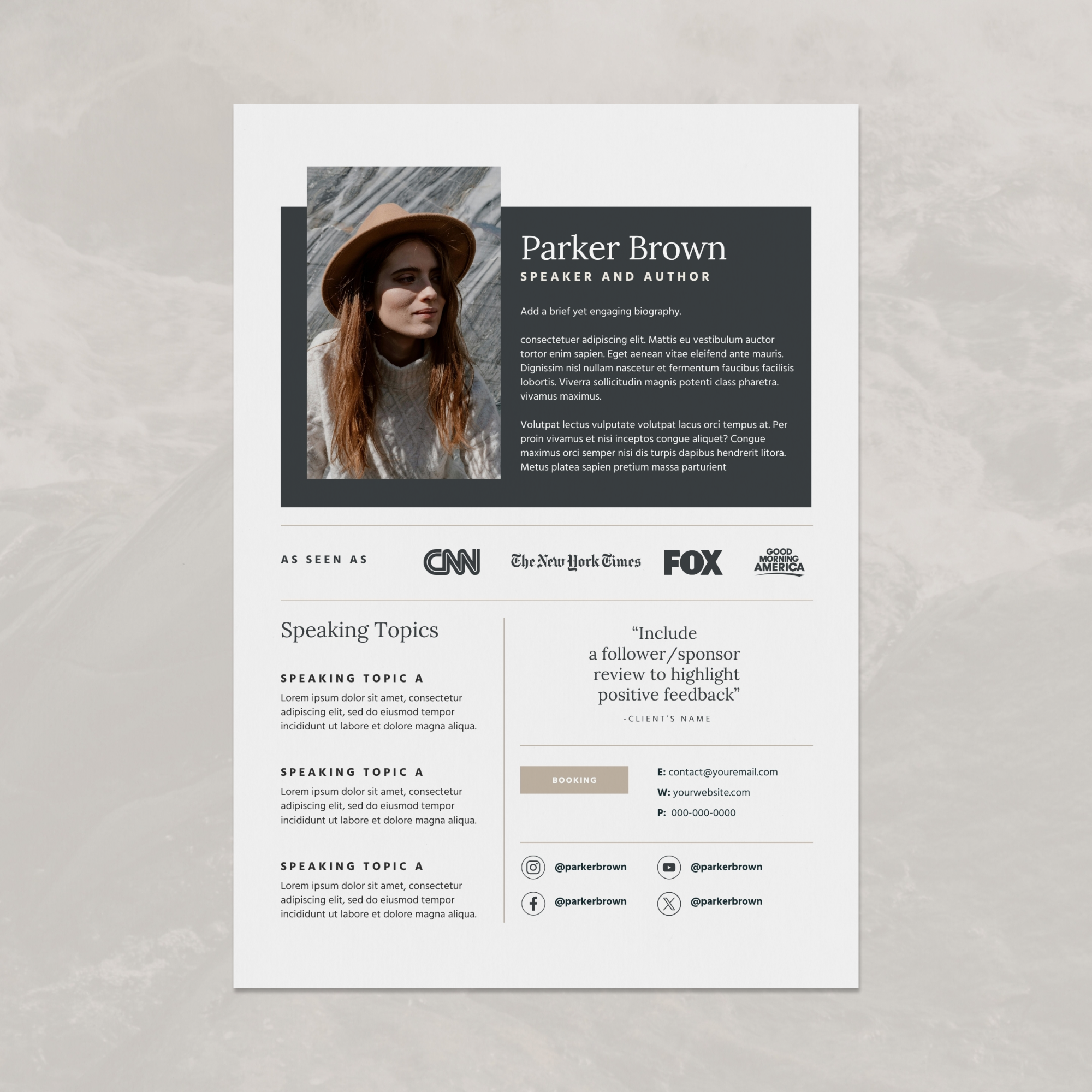 Parker Speaker One-Sheet Canva Template
